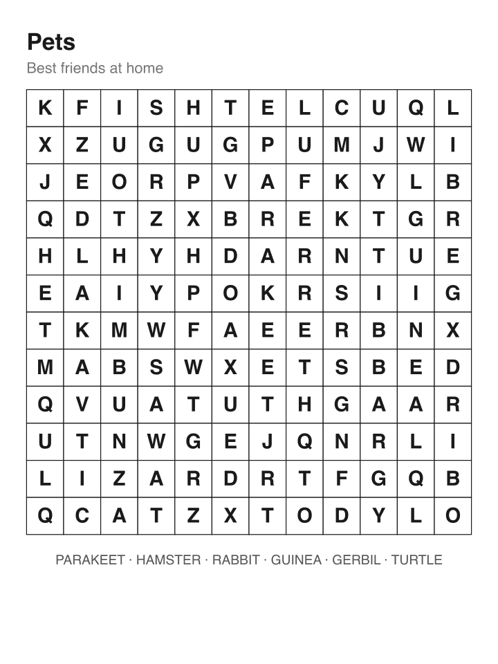 Pets Word Search · Hard