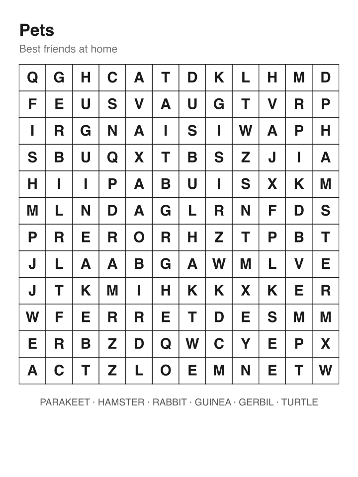 Pets word search puzzle, 12 by 12 grid