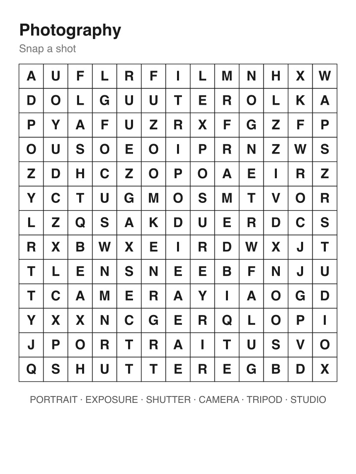 Photography word search puzzle, 13 by 13 grid