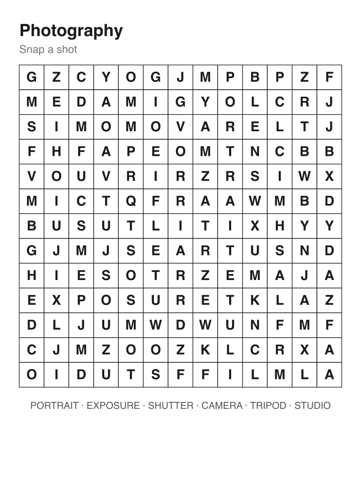 Photography word search puzzle, 13 by 13 grid
