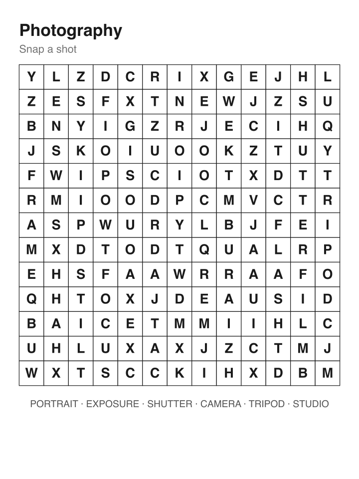 Photography word search puzzle, 13 by 13 grid