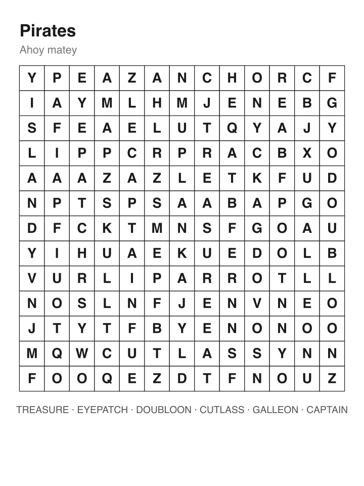Pirates word search puzzle, 13 by 13 grid