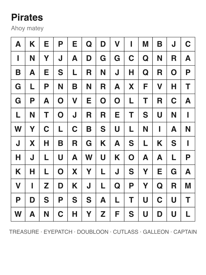 Pirates word search puzzle, 13 by 13 grid