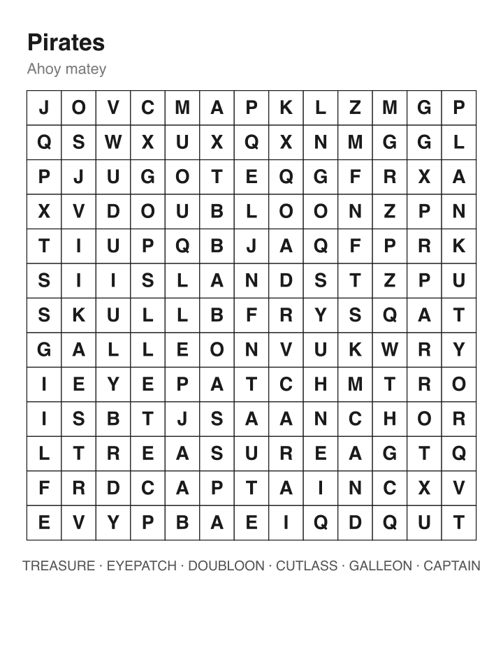 Pirates word search puzzle, 13 by 13 grid