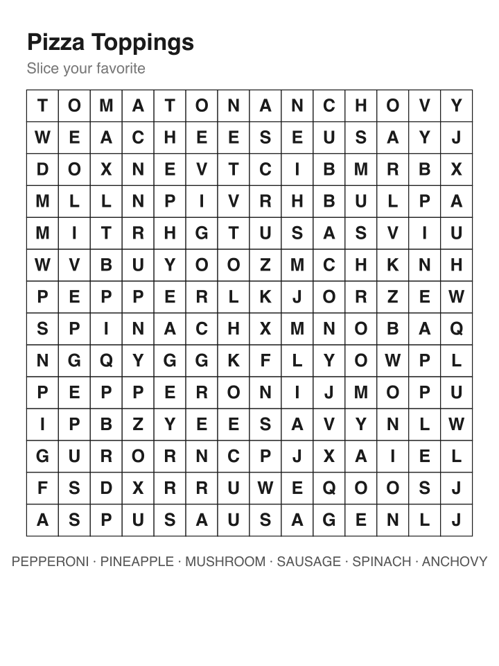 Pizza Toppings word search puzzle, 14 by 14 grid