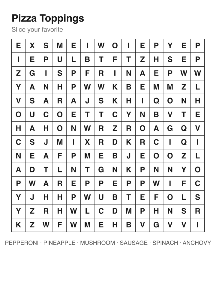Pizza Toppings word search puzzle, 14 by 14 grid