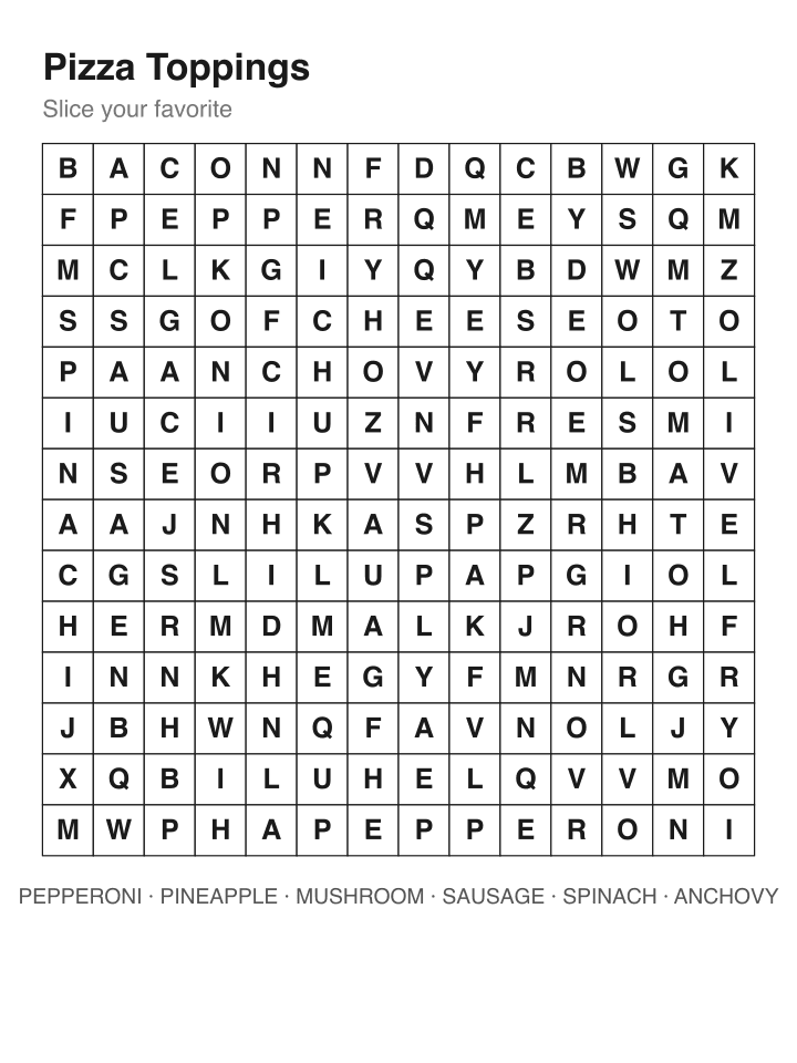 Pizza Toppings word search puzzle, 14 by 14 grid