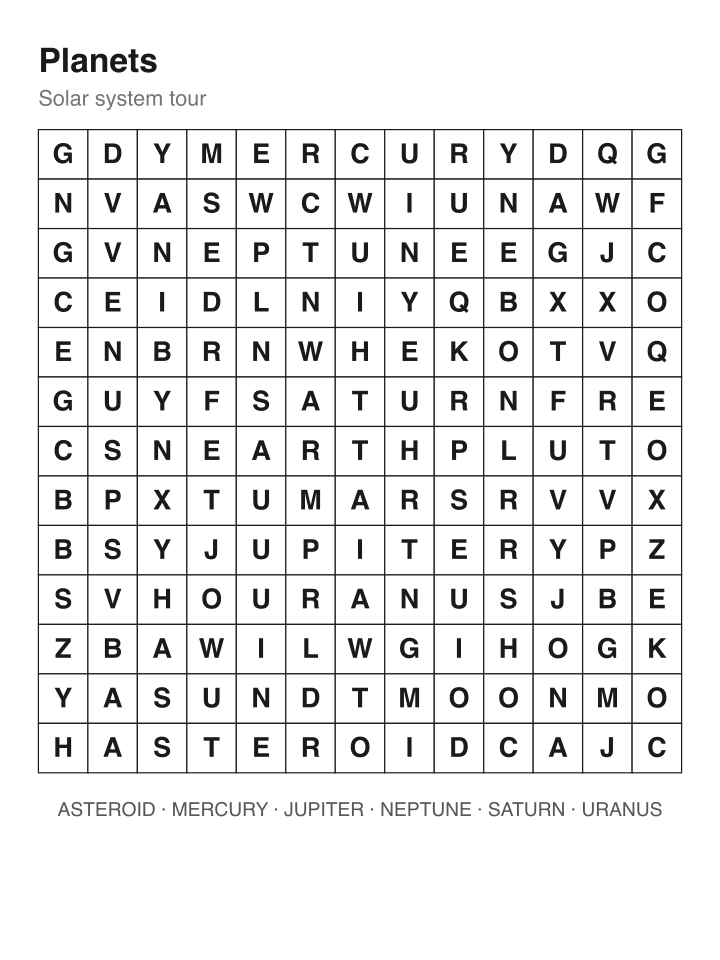 Planets word search puzzle, 13 by 13 grid