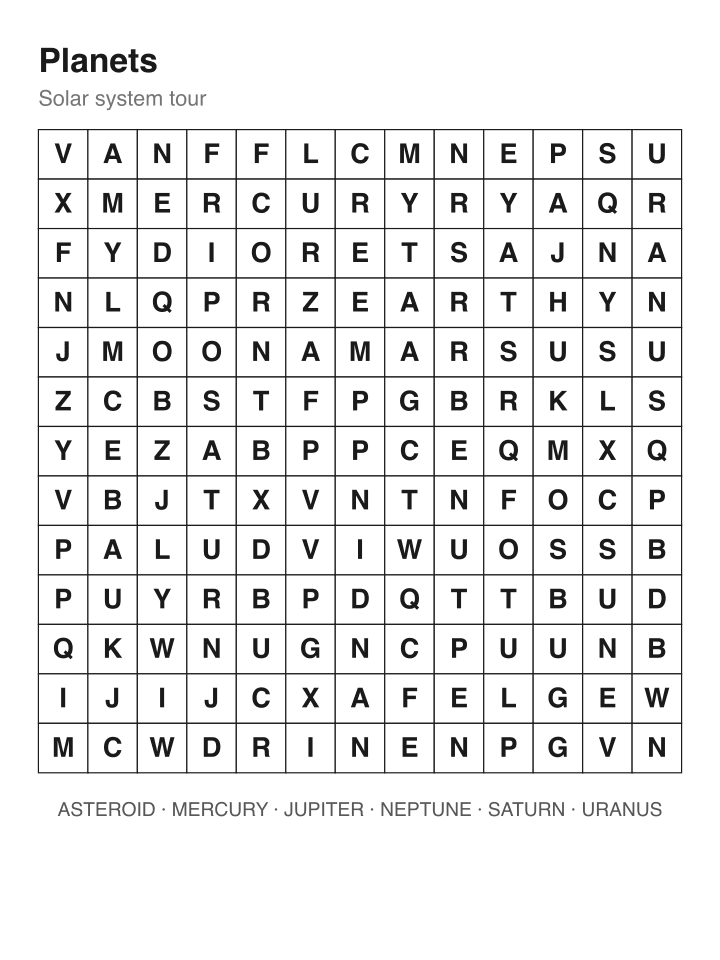 Planets word search puzzle, 13 by 13 grid