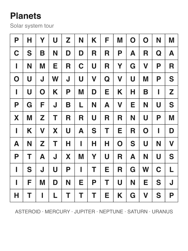 Planets word search puzzle, 13 by 13 grid