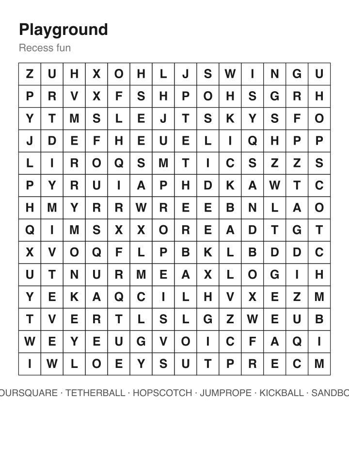 Playground word search puzzle, 14 by 14 grid