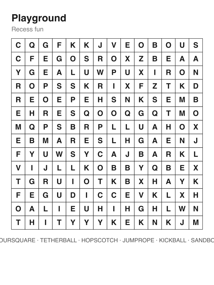Playground word search puzzle, 14 by 14 grid