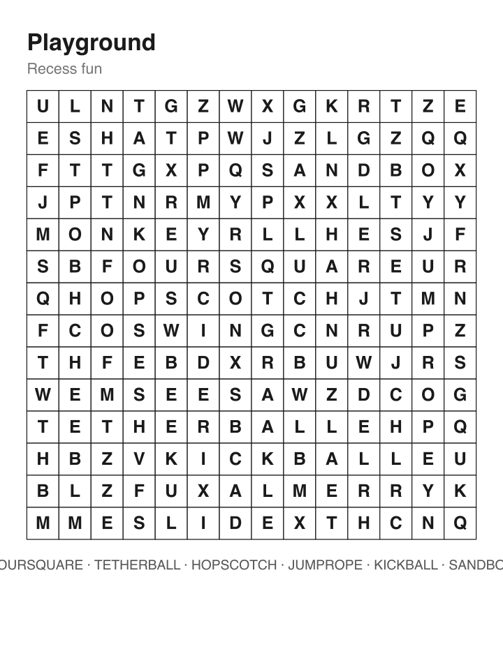 Playground word search puzzle, 14 by 14 grid