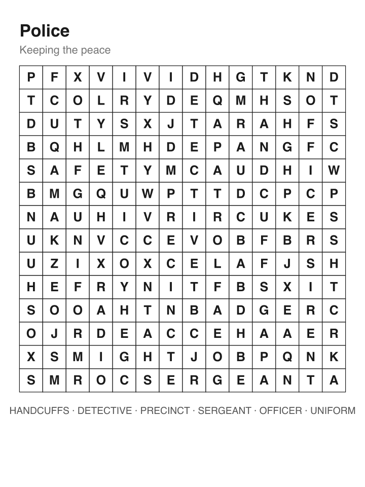 Police word search puzzle, 14 by 14 grid