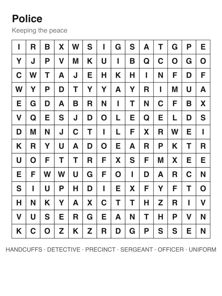 Police word search puzzle, 14 by 14 grid