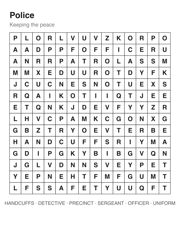 Police word search puzzle, 14 by 14 grid