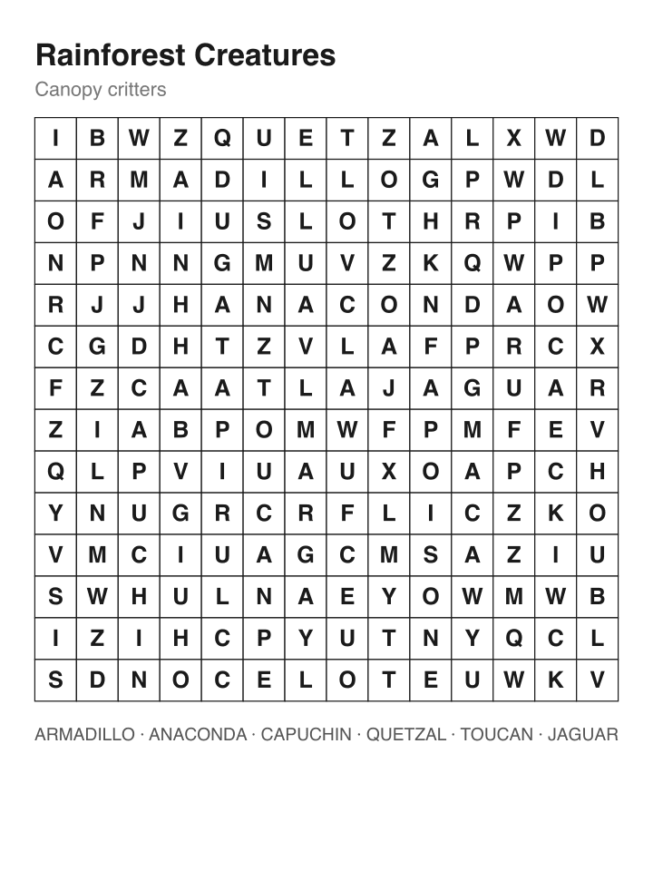 Rainforest Creatures word search puzzle, 14 by 14 grid