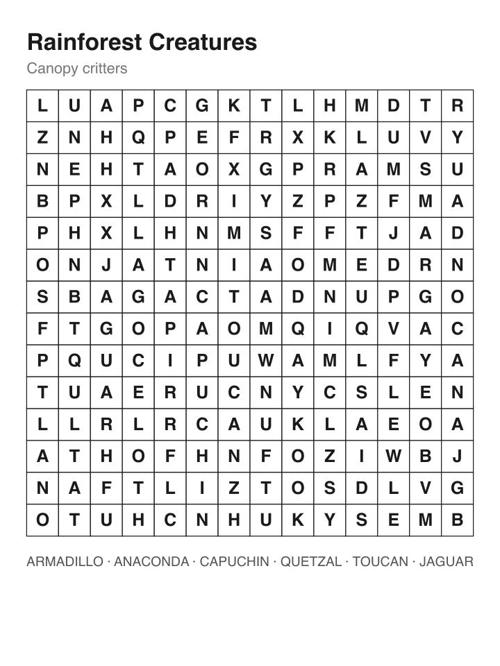 Rainforest Creatures word search puzzle, 14 by 14 grid