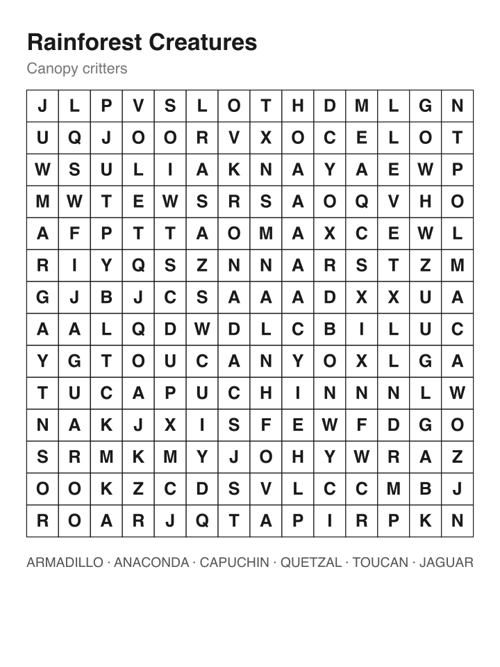 Rainforest Creatures word search puzzle, 14 by 14 grid