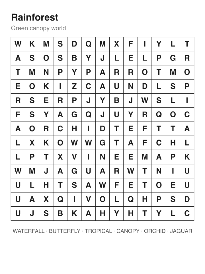 Rainforest word search puzzle, 13 by 13 grid