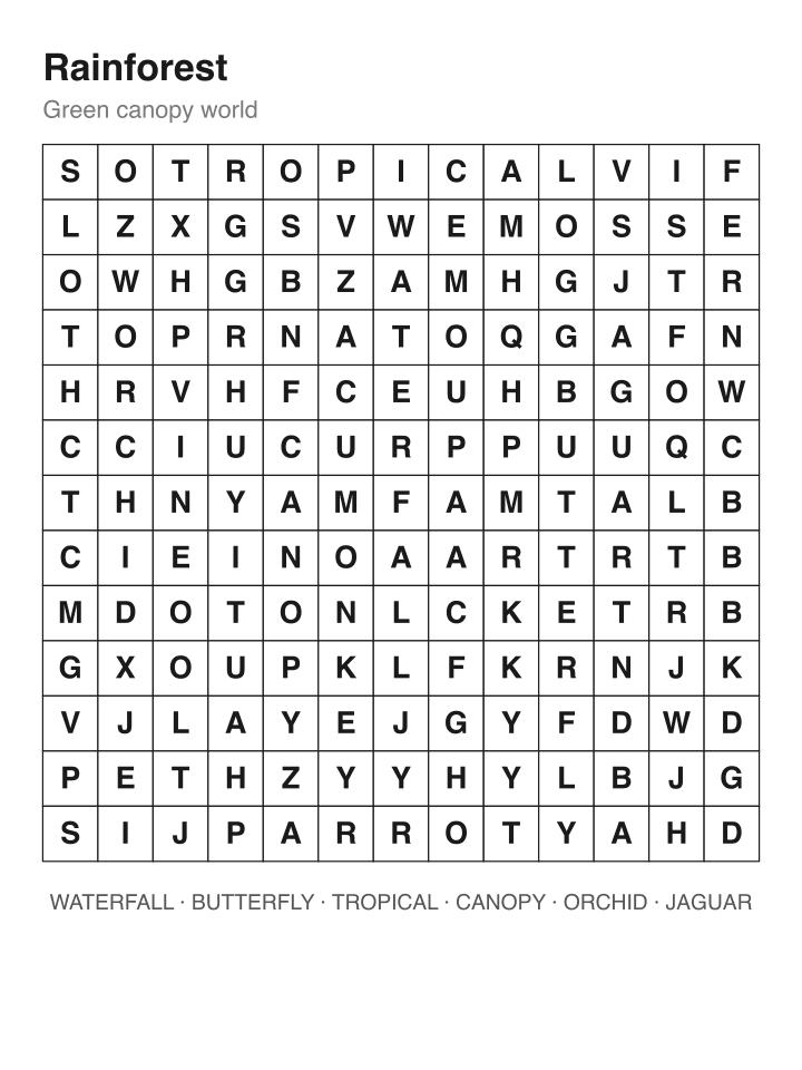 Rainforest word search puzzle, 13 by 13 grid