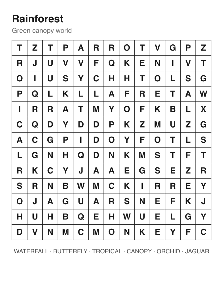 Rainforest word search puzzle, 13 by 13 grid