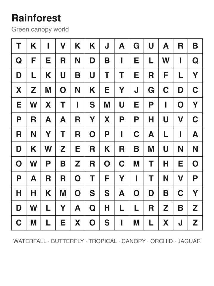 Rainforest word search puzzle, 13 by 13 grid