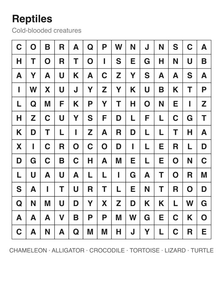 Reptiles word search puzzle, 14 by 14 grid