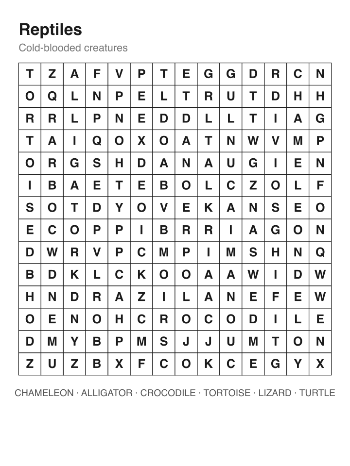 Reptiles word search puzzle, 14 by 14 grid