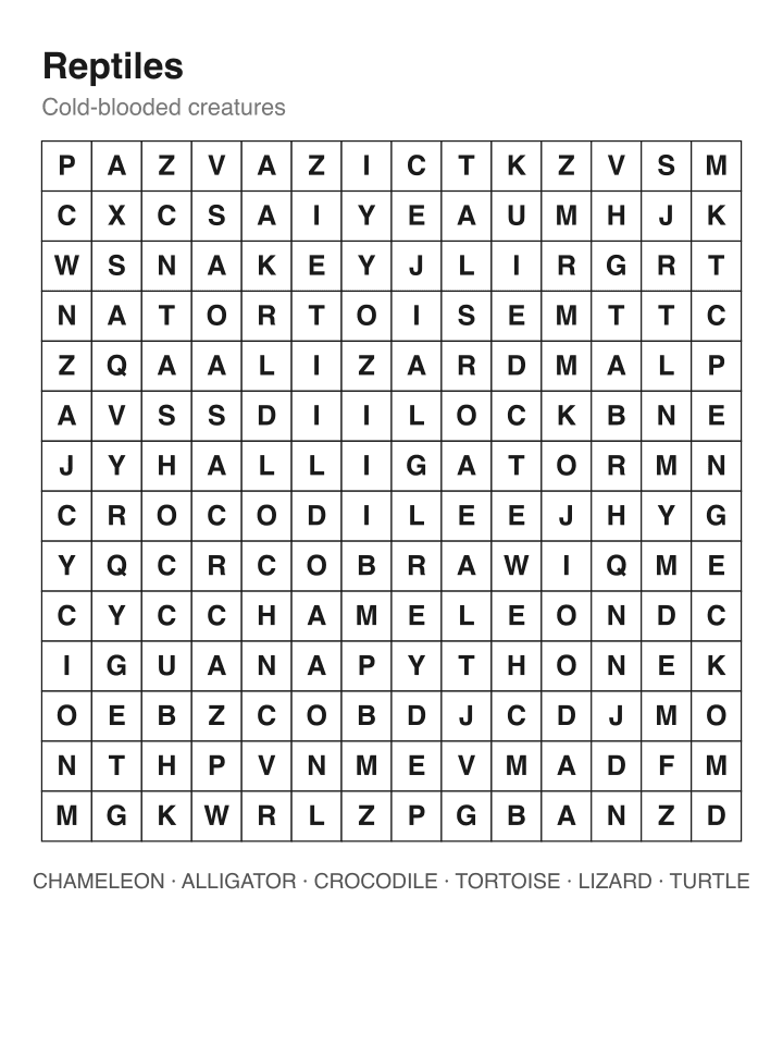 Reptiles word search puzzle, 14 by 14 grid