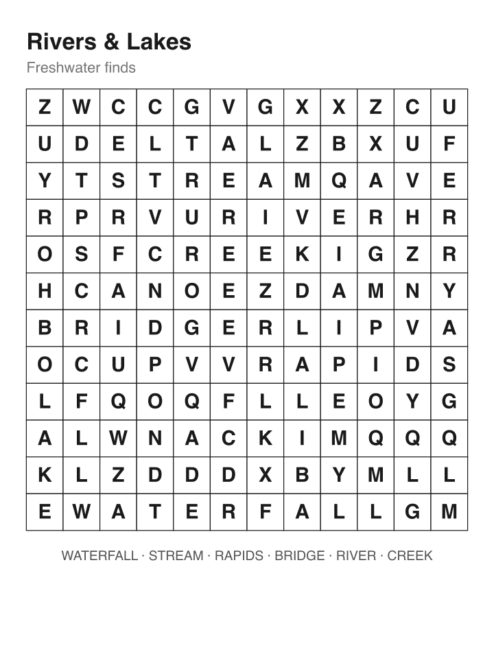 Rivers & Lakes word search puzzle, 12 by 12 grid