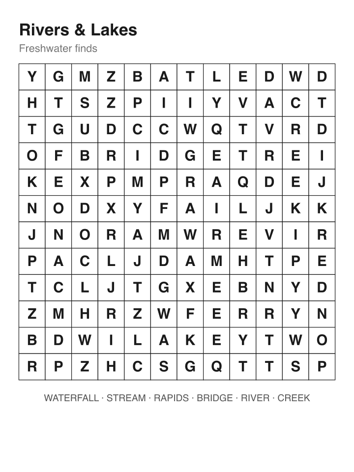 Rivers & Lakes word search puzzle, 12 by 12 grid
