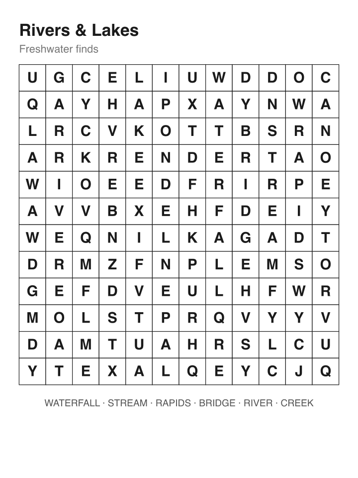 Rivers & Lakes word search puzzle, 12 by 12 grid