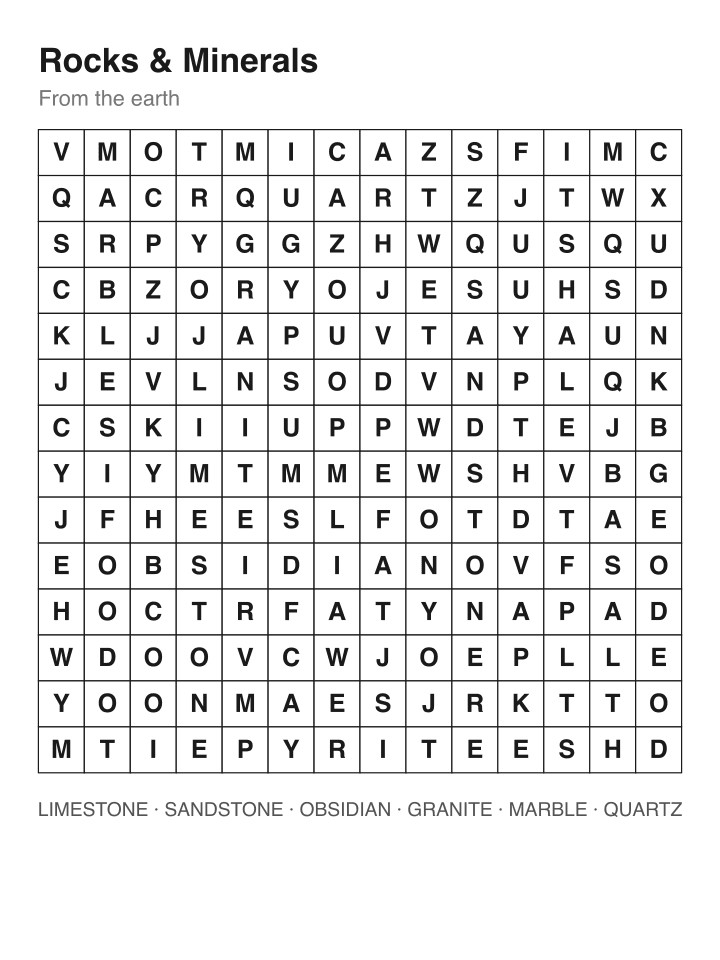 Rocks & Minerals word search puzzle, 14 by 14 grid
