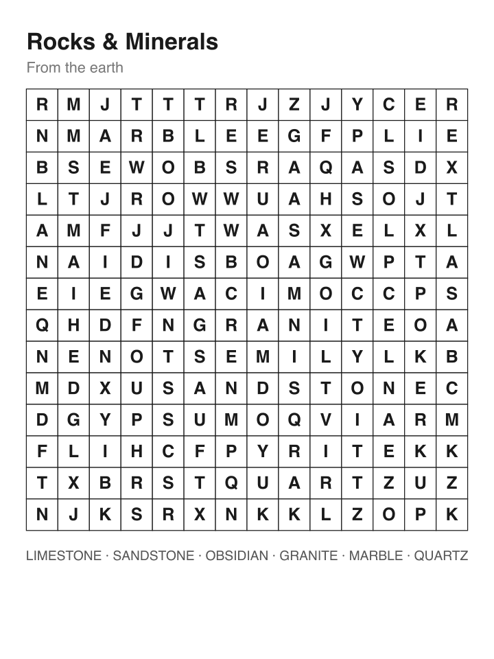 Rocks & Minerals word search puzzle, 14 by 14 grid