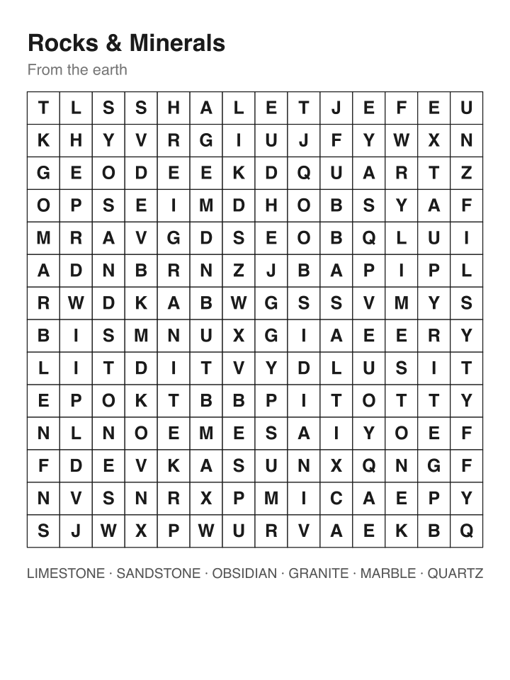 Rocks & Minerals word search puzzle, 14 by 14 grid