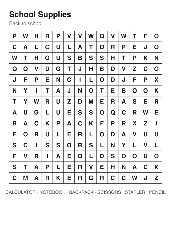 School Supplies word search puzzle, 14 by 14 grid