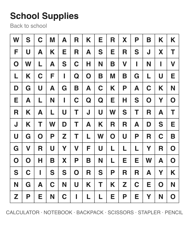 School Supplies word search puzzle, 14 by 14 grid