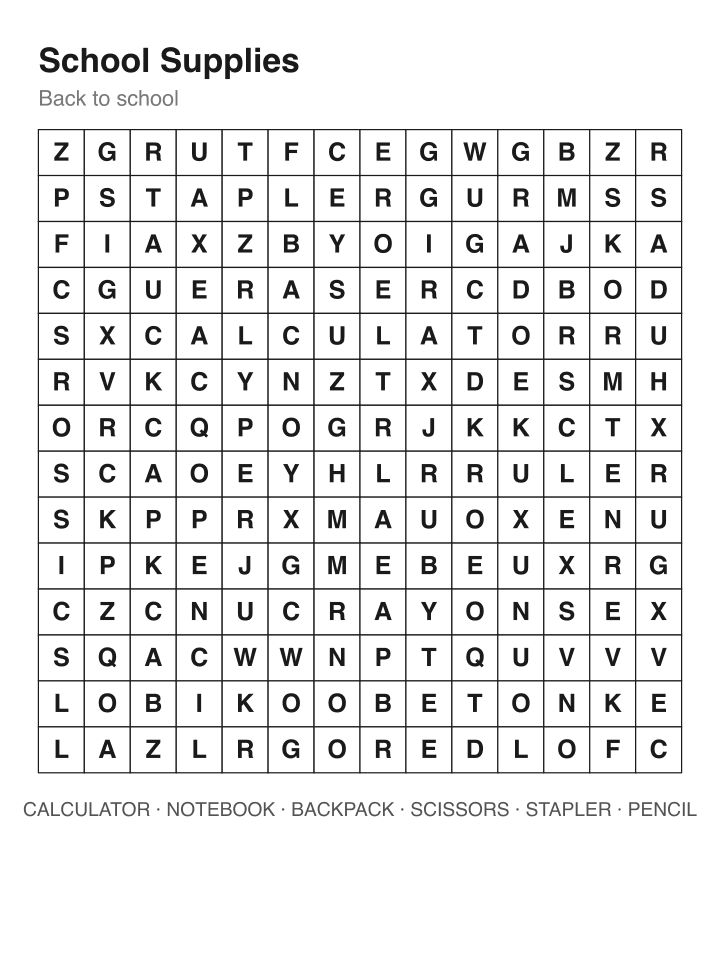 School Supplies word search puzzle, 14 by 14 grid