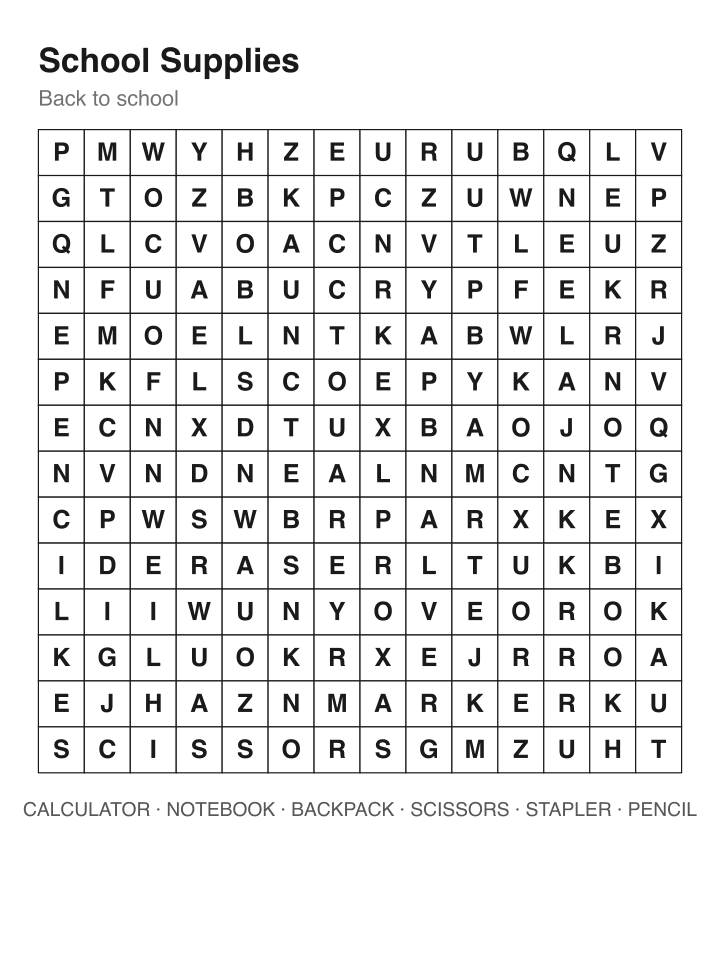 School Supplies word search puzzle, 14 by 14 grid