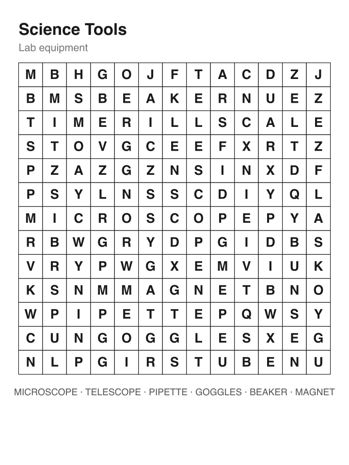 Science Tools word search puzzle, 13 by 13 grid