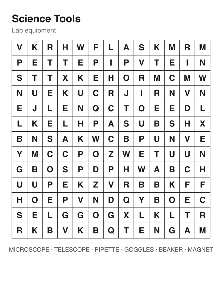 Science Tools word search puzzle, 13 by 13 grid