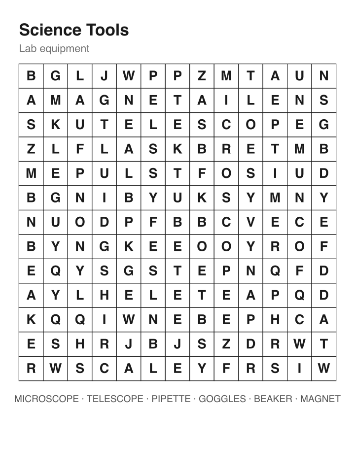 Science Tools word search puzzle, 13 by 13 grid