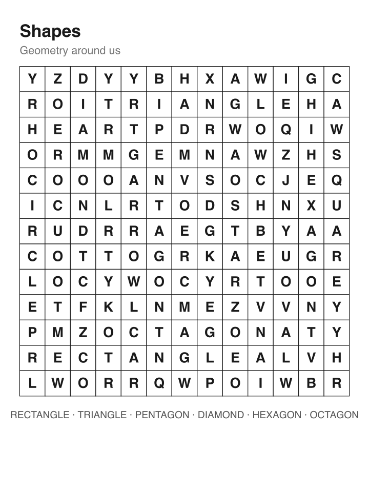 Shapes word search puzzle, 13 by 13 grid