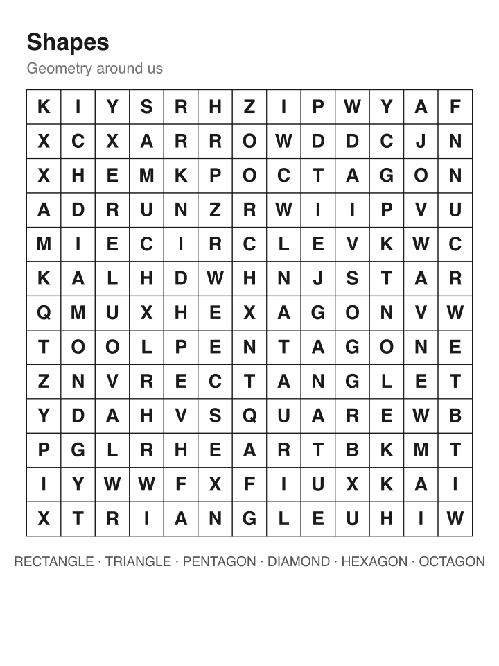 Shapes word search puzzle, 13 by 13 grid