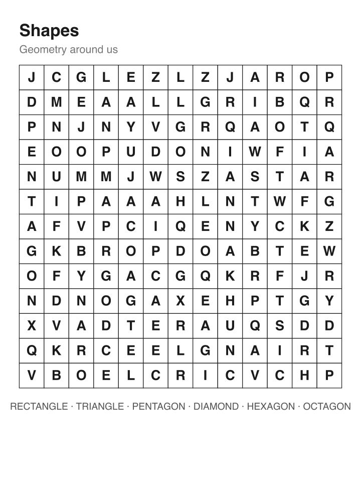 Shapes word search puzzle, 13 by 13 grid