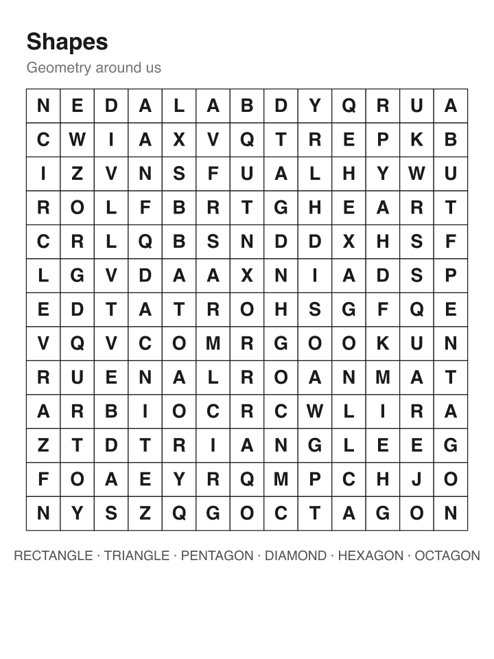 Shapes word search puzzle, 13 by 13 grid