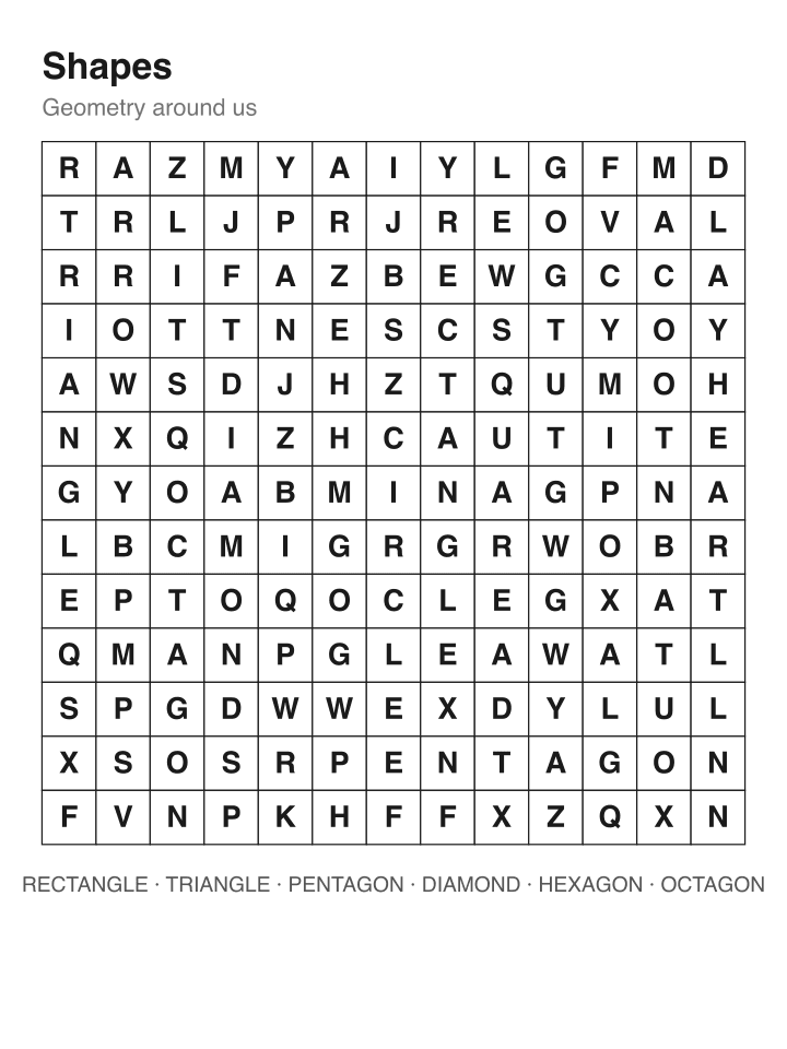 Shapes word search puzzle, 13 by 13 grid