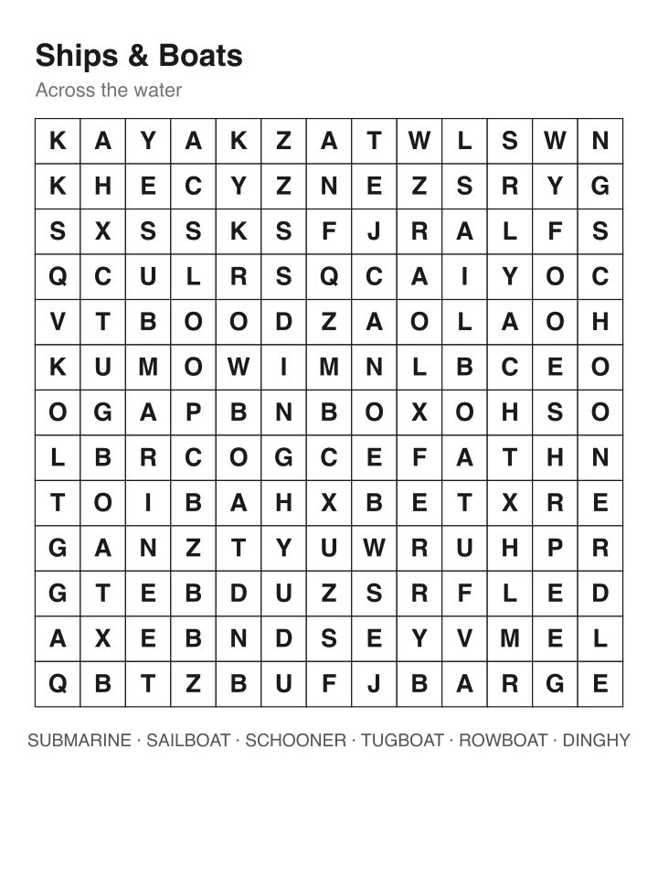Ships & Boats word search puzzle, 13 by 13 grid