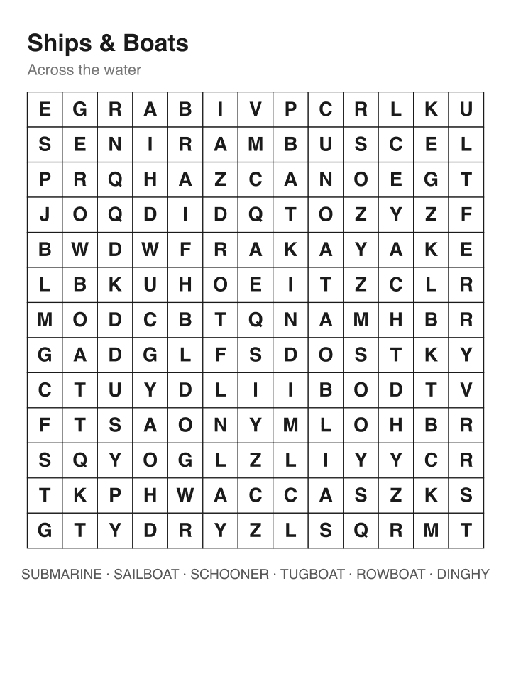 Ships & Boats word search puzzle, 13 by 13 grid